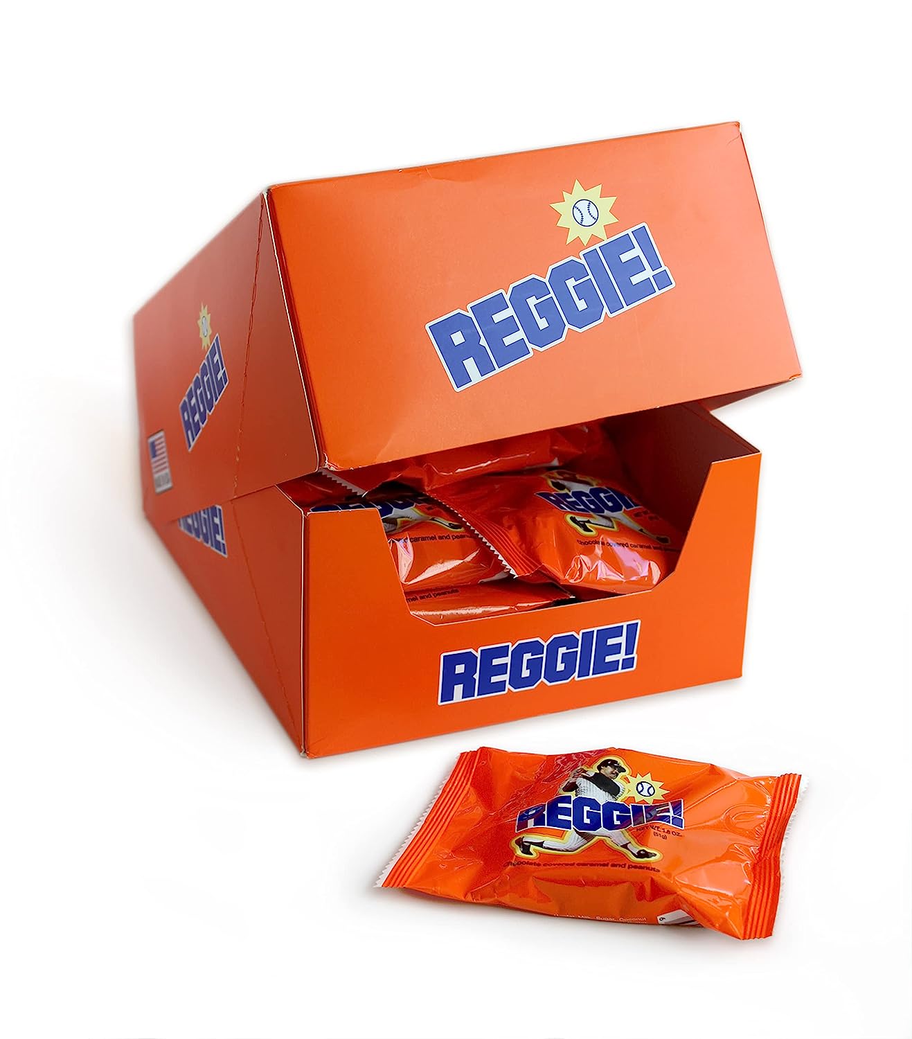 An open 24-count display box of REGGIE! Bars