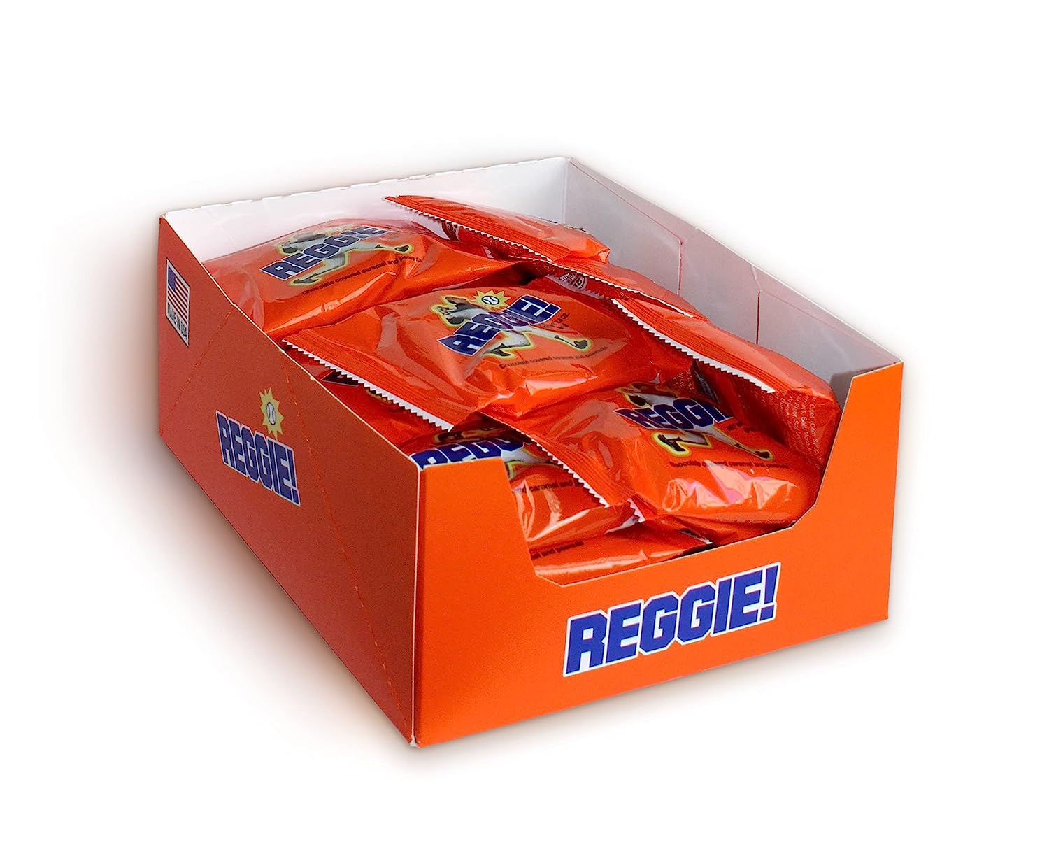 A dozen REGGIE! Bars spilling from an open box
